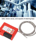 Lockout Tagout Cable Lock 1m Adjustable Stainless Steel Cable Padlock with red PA body and wire coiled on industrial background