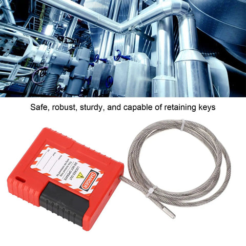 Lockout Tagout Cable Lock 1m Adjustable Stainless Steel Cable Padlock with red PA body and wire coiled on industrial background