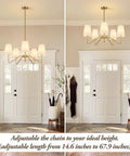5 Light Modern Chandelier With White Fabric Shades, 30-In Brass Gold Pendant Ceiling Light in entryway, height adjustable display