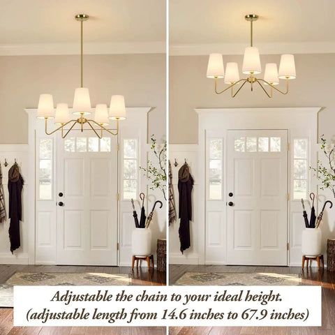 5 Light Modern Chandelier With White Fabric Shades, 30-In Brass Gold Pendant Ceiling Light in entryway, height adjustable display