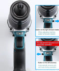 No Strings Attached Cordless Rivet Nut Gun Set with Built In LED Light showing buttons for forward and reverse operation.