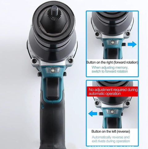 No Strings Attached Cordless Rivet Nut Gun Set with Built In LED Light showing buttons for forward and reverse operation.