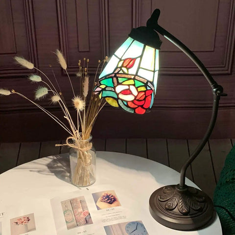 Tiffany Style Stained Glass Table Lamp With Swing Arm Base For Reading And Home Decor Rose Flower Design 5 Inch Lampshade
