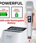 Wireless Karaoke Microphone Set With Dual UHF 2x100 Channel Receiver rechargeable mic with charging station and battery info
