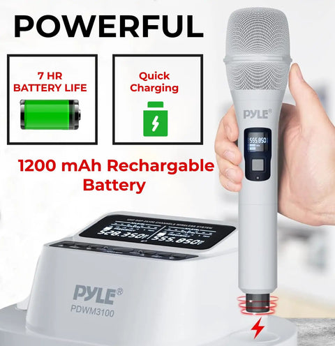 Wireless Karaoke Microphone Set With Dual UHF 2x100 Channel Receiver rechargeable mic with charging station and battery info