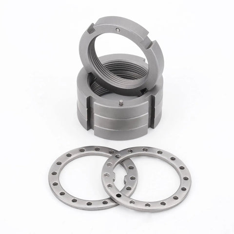 Locking Hub Spindle Nut Conversion Kit 32720 showing precision machined nuts and washers, silver finish for Dana 44 and Dana 30 axles