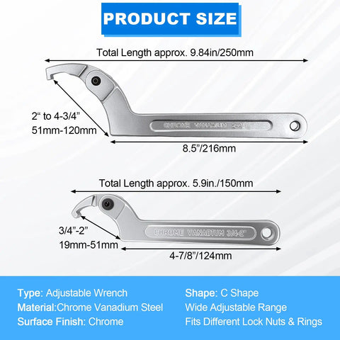 Heavy Duty Adjustable C Spanner Wrench Set In Chrome Vanadium For Tightening Side Slot Nuts On Collars, Lock Nuts And Bearings Collets, Includes 3/4 To 2 Inch And 2 To 4-3/4 Inch Ranges, Durable Chrome Finish, product size details