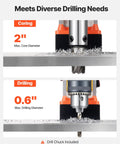 Velvet Soft Vevor 1400 Watt Portable Magnetic Drill Press showing 2-inch coring and 0.6-inch drilling capabilities on metal.