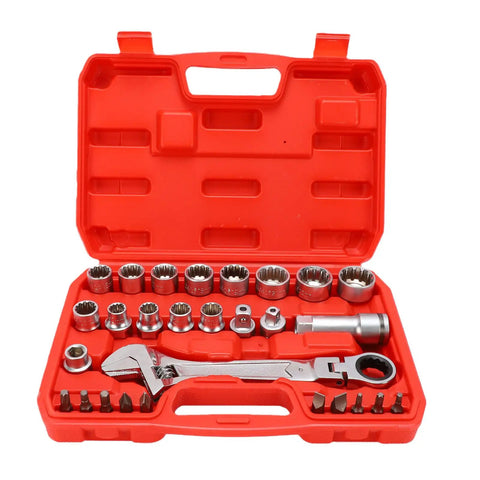 Pass Through Socket Set With Three Eighths And One Half Inch Drive Sockets 72 Tooth Reversible Ratchet Tool Kit in red case