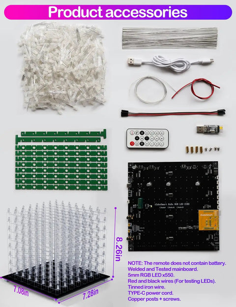 3D LED Cube Kit For DIY Electronics, Dope Lighting Effects, Pre Soldered Mainboard, Soldering Project components displayed.