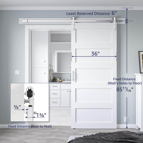 36 By 84 Inch White Sliding Barn Door With 6.6 Foot Brushed Nickel Hardware Kit And Handle, installed in a home interior