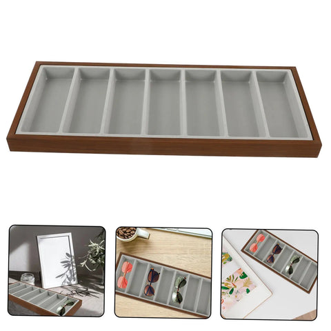 Keep Your Gear Sorted With This Hella Practical 3 Piece Wooden Sunglasses Display Stand Featuring Seven Grid Compartments And Soft Cloth Lining For Shades Jewelry And Watches - Flat wooden organizer with 7 compartments.