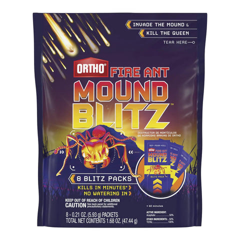 Packaging of Fire Ant Mound Blitz Fire Ant Killer For Lawns Gardens And Ornamental Plants, 8 Pre-Measured Packs