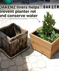 Square Planter Box Liner Bag For Wood Planter Boxes Waterproof Plastic Insert Built To Last Heavy Duty UV Resistant Garden Liner 16 Inch Seamless Corner Fit showing wooden planters with plants.