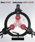 Rock Solid Woodturning Steady Rest For 12 14 And 16 Inch Swing Lathes showing black steel design with red wheels and adjustable clamps.