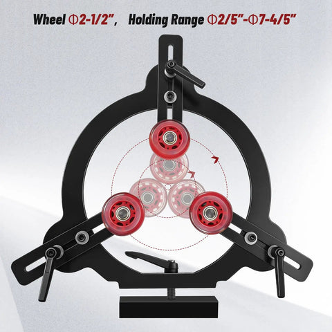 Rock Solid Woodturning Steady Rest For 12 14 And 16 Inch Swing Lathes showing black steel design with red wheels and adjustable clamps.