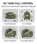 Two Player 1 To 64 RC Battle Tank Set with infrared shoot dual tanks showing movement directions and turret rotation features