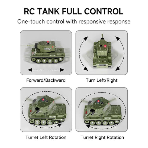 Two Player 1 To 64 RC Battle Tank Set with infrared shoot dual tanks showing movement directions and turret rotation features