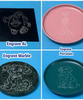Diamond grinder bit set; collage shows engravings on aluminum panel, porcelain plate, marble disk, and teal ceramic plate