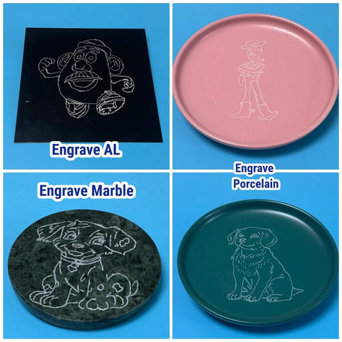Diamond grinder bit set; collage shows engravings on aluminum panel, porcelain plate, marble disk, and teal ceramic plate