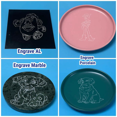 Engraved designs on aluminum, porcelain, and marble using Twenty 46 Grit Diamond Grinder Bits Set For Rotary Tools With 3mm Shank.