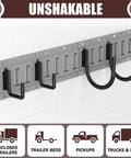 Heavy Duty E Track Hooks Set Built Tough, 8 Piece J Hook And Double Hook Steel Hangers installed on a rail