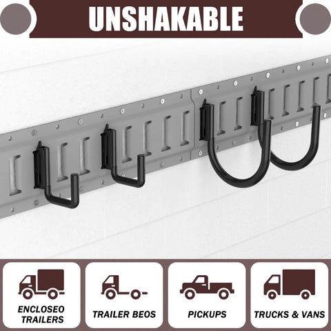 Heavy Duty E Track Hooks Set Built Tough, 8 Piece J Hook And Double Hook Steel Hangers installed on a rail