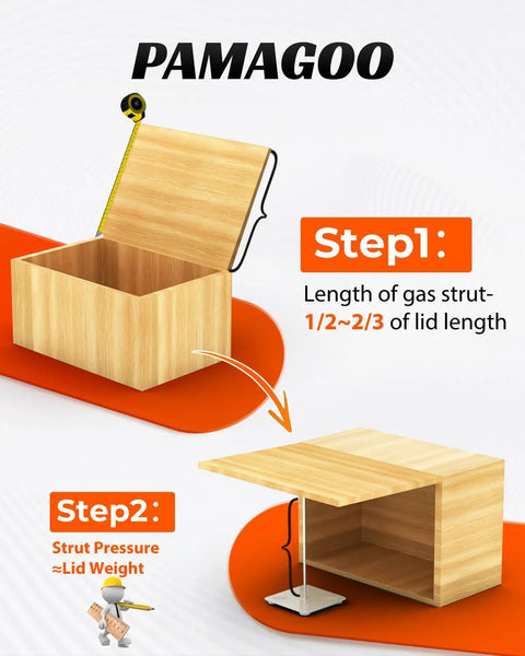 Illustration of using Heavy Duty 10 Inch Gas Struts 40 Lbs Lift 178N for hatches, showing measurement steps for length and pressure