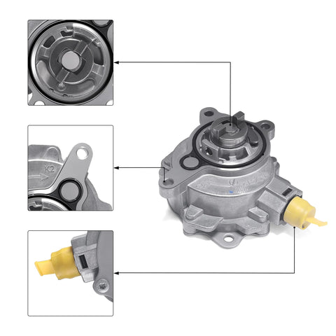 Front view of AULINK brake booster vacuum pump with gray metal housing and yellow connector