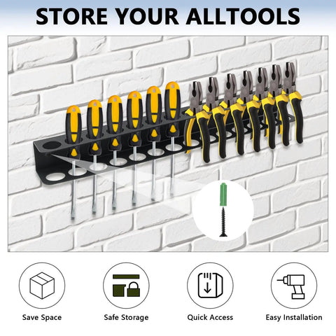 2 Pack Wall Mount Screwdriver And Pliers Organizer Rack Heavy Duty Steel Tool Holder installed on workshop wall