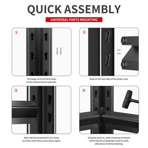 Heavy Duty Five Shelf Metal Garage Storage Rack 48W 24D 72H For Tools And Gear, Built Like A Tank Steel Shelving Unit, Tough As Nails, Easy Assembly, Perfect For Workshop And Garage Organization. Quick-assembly steel frame parts