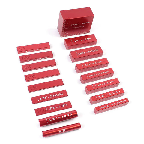 Seventeen-piece Pro Grade Setup Blocks Height Gauge Set for Router and Table Saw, aluminum with precision marked bars.