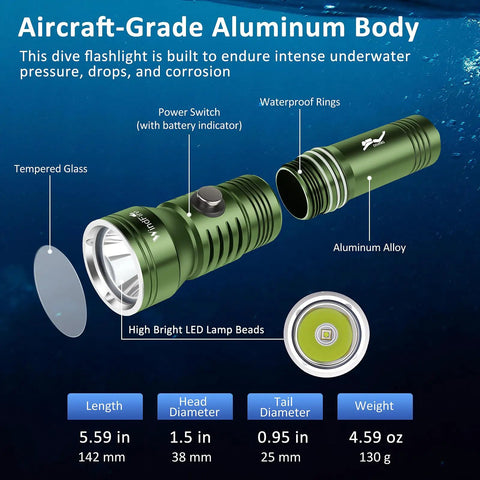 Beefy Underwater Dive Light For Scuba Gear IPX8 Waterproof 210 Feet Deep Sea Flashlight with aluminum body and power switch