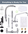 Commercial Wall Mount Kitchen Faucet With Pre Rinse Sprayer 21 Inch Height 8 Inch Center 10 Inch Add On Swing Spout components