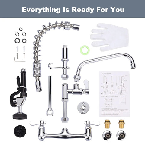 Commercial Wall Mount Kitchen Faucet With Pre Rinse Sprayer 21 Inch Height 8 Inch Center 10 Inch Add On Swing Spout components