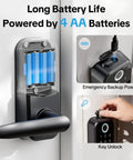 Smart Keyless Entry Door Lock With Handle 5 In 1 Security System Includes Fingerprint Passcode App Control Fob And Emergency Key shown with battery slot and key operation.
