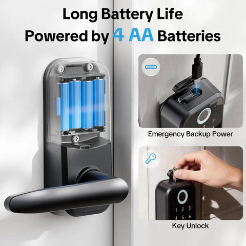 Smart Keyless Entry Door Lock With Handle 5 In 1 Security System Includes Fingerprint Passcode App Control Fob And Emergency Key shown with battery slot and key operation.