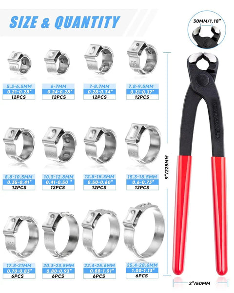 All In One 120 Piece Hose Clamp Kit with pincer and 12 sizes of single ear clamps from 5.3mm to 28.6mm for various piping uses.