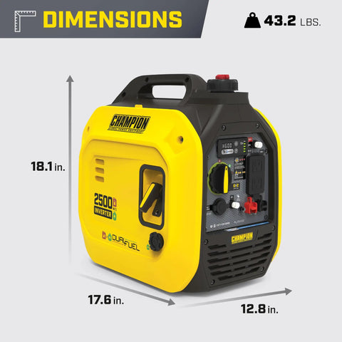 2500 Watt Dual Fuel Portable Inverter Generator dimensions shown with 18.1x17.6x12.8 inches, 43.2 lbs weight, yellow body