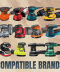 Image of various orbital sanders from brands like Dewalt, Makita, and Ryobi, showcasing compatibility with Workhorse 150 Grit Sanding Discs 50 Pack.