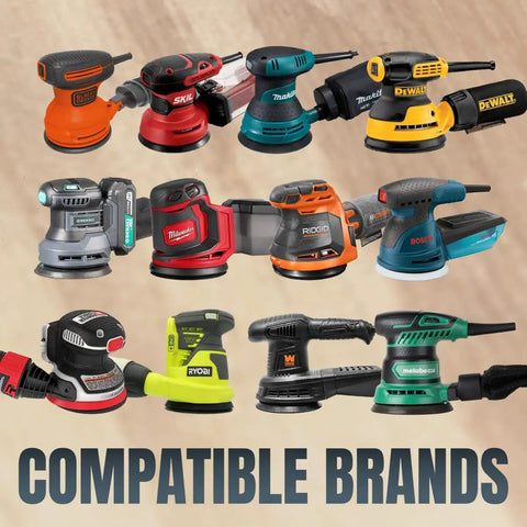 Image of various orbital sanders from brands like Dewalt, Makita, and Ryobi, showcasing compatibility with Workhorse 150 Grit Sanding Discs 50 Pack.