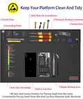 18x12 Inch ESD Silicone Soldering Mat Anti Static Repair Work Surface Kit with screwdrivers, tools, and slots visible