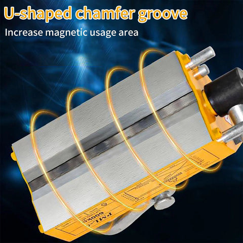 Side view of a 440 lb permanent magnetic lifter with yellow housing and release lever lifting a steel plate/board.