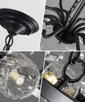 Wagon Wheel Chandelier 9 Light Black Farmhouse Industrial Metal Pendant Light With Crystal Accents close-up of black fixture details