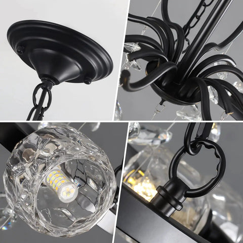 Wagon Wheel Chandelier 9 Light Black Farmhouse Industrial Metal Pendant Light With Crystal Accents close-up of black fixture details