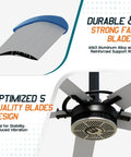 Close-up of five solid aluminum alloy blades of Industrial Grade Outdoor Ceiling Fan With Brushless Dc Motor And Five Solid Aluminum Alloy Blades Serving Up Badass Smooth Cooling For Your Backyard Patio Space.