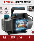 Heavy Duty 3.5 CfM 1/4 HP 110V Single Stage HVAC AC Vacuum Pump Kit With Premium All Copper Motor showcasing detailed motor design.