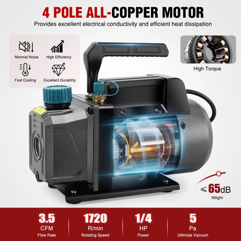 Heavy Duty 3.5 CfM 1/4 HP 110V Single Stage HVAC AC Vacuum Pump Kit With Premium All Copper Motor showcasing detailed motor design.