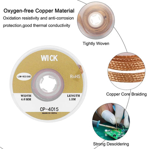 Desoldering Solder Wick Braid No Clean Pro Grade, 0.16 Inch Wide, 5 Feet Long Copper Wick spool with detailed image sections