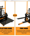 Heavy Duty Manual Material Stacker Workhorse With 450 Lb Capacity, Hydraulic Foot Pedal Lift, Adjustable Forks From 2.75 To 43.3 Inches, Removable Platform, Carbon Steel Frame And PU Wheels For Easy Warehouse Loading shown in platform and fork modes